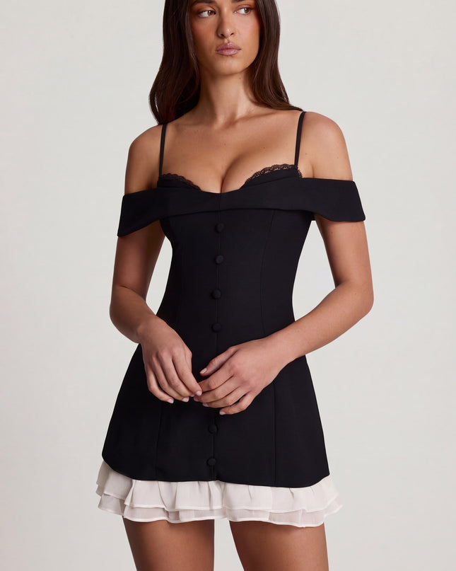 Black Off-Shoulder Ruffle A-Line Mini Dress