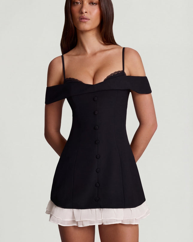 Black Off-Shoulder Ruffle A-Line Mini Dress