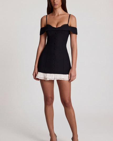 Black Off-Shoulder Ruffle A-Line Mini Dress