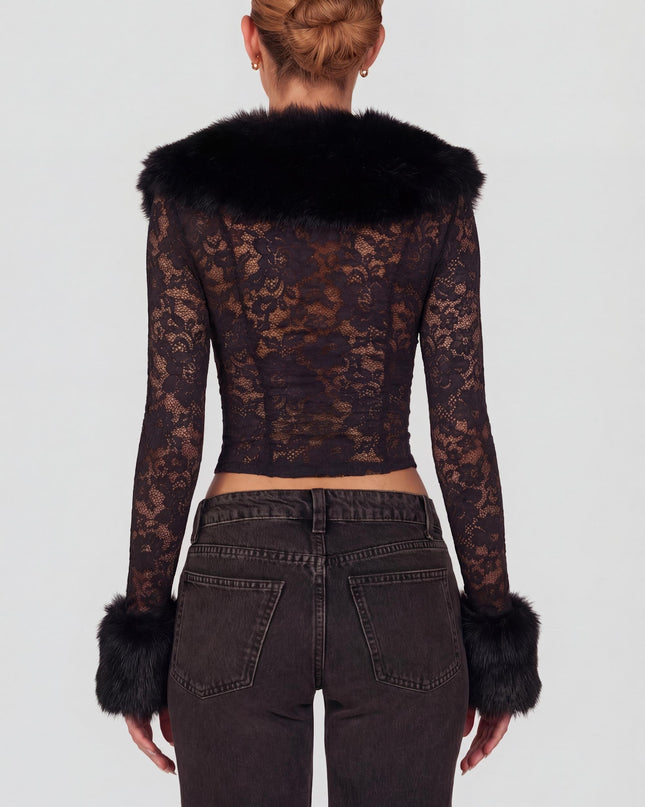 Black Sheer Lace Faux-Fur-Trim Cardigan