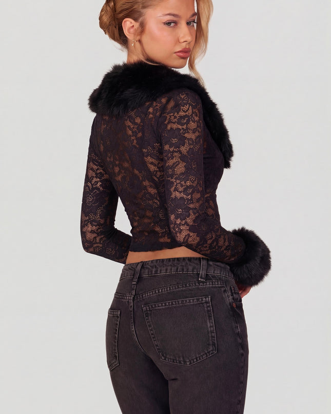 Black Sheer Lace Faux-Fur-Trim Cardigan