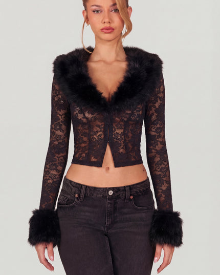 Black Sheer Lace Faux-Fur-Trim Cardigan