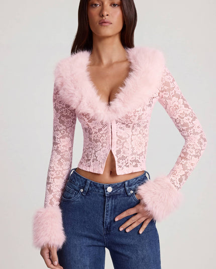 Pink Sheer Lace Faux-Fur-Trim Cardigan