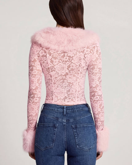 Pink Sheer Lace Faux-Fur-Trim Cardigan