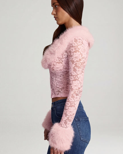 Pink Sheer Lace Faux-Fur-Trim Cardigan