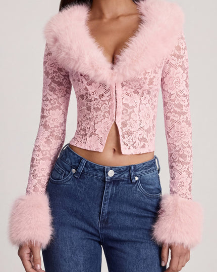 Pink Sheer Lace Faux-Fur-Trim Cardigan