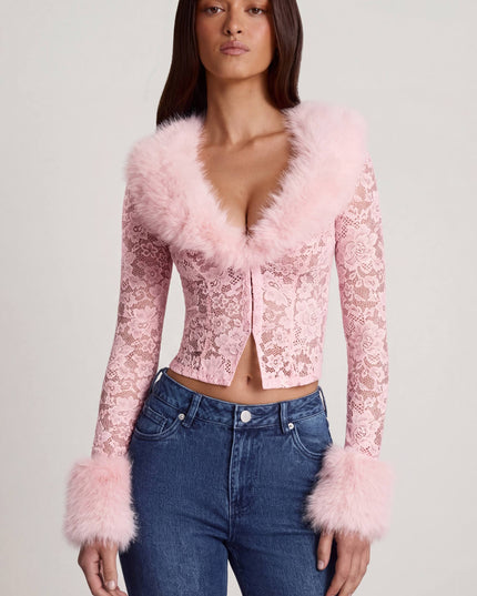 Pink Sheer Lace Faux-Fur-Trim Cardigan