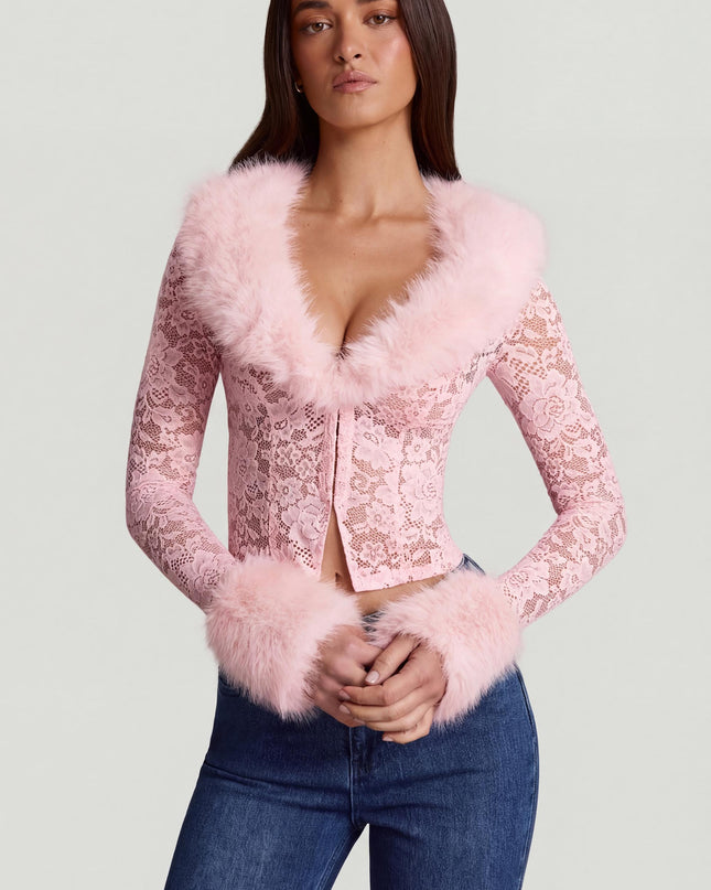 Pink Sheer Lace Faux-Fur-Trim Cardigan