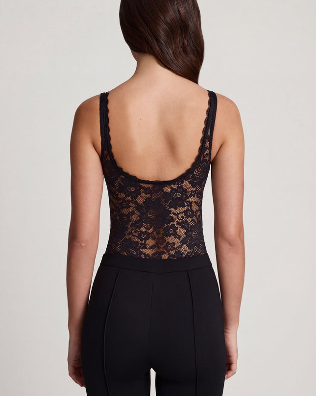 Black Sheer Lace Scalloped Plunge-Neck Bodysuit