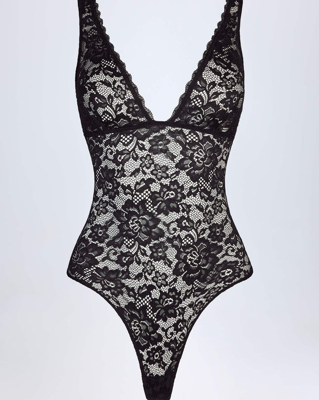 Black Sheer Lace Scalloped Plunge-Neck Bodysuit