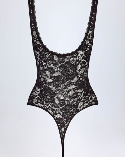 Black Sheer Lace Scalloped Plunge-Neck Bodysuit