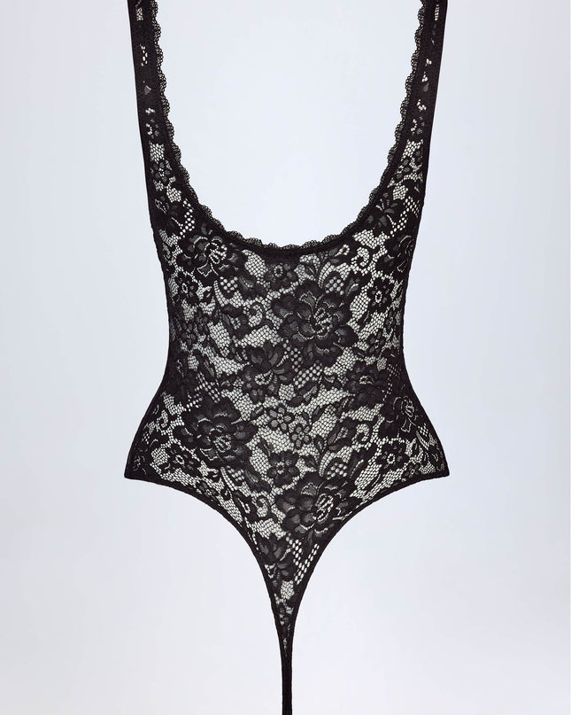 Black Sheer Lace Scalloped Plunge-Neck Bodysuit