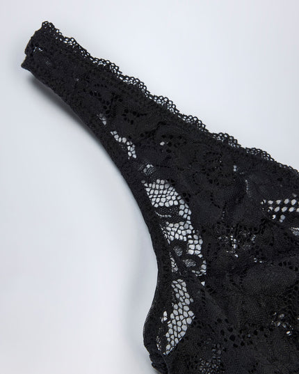 Black Sheer Lace Scalloped Plunge-Neck Bodysuit