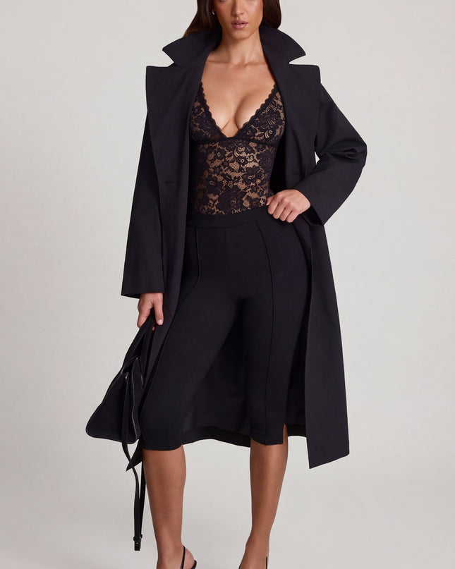Black Sheer Lace Scalloped Plunge-Neck Bodysuit