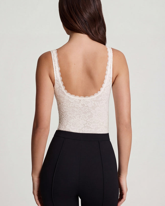 White Sheer Lace Scalloped Plunge-Neck Bodysuit