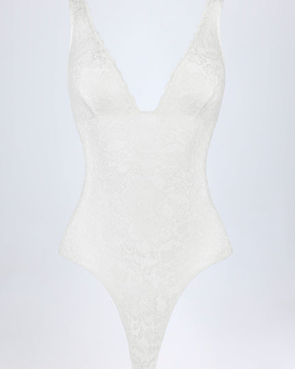 White Sheer Lace Scalloped Plunge-Neck Bodysuit