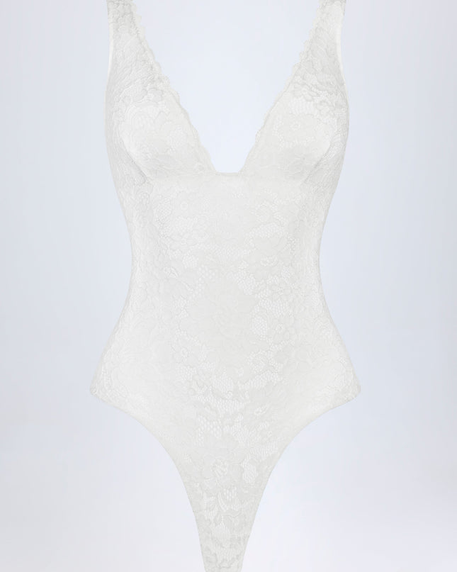 White Sheer Lace Scalloped Plunge-Neck Bodysuit