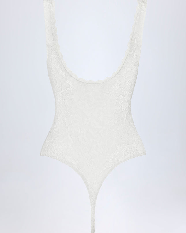 White Sheer Lace Scalloped Plunge-Neck Bodysuit
