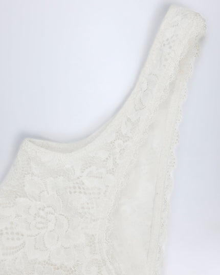 White Sheer Lace Scalloped Plunge-Neck Bodysuit