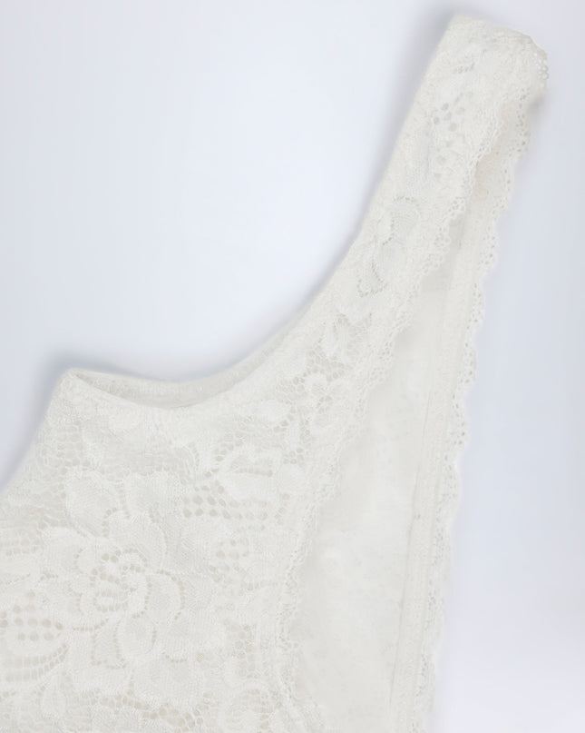 White Sheer Lace Scalloped Plunge-Neck Bodysuit