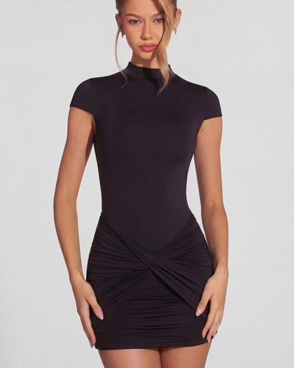 Black Jersey Turtleneck Ruched Backless Mini Dress