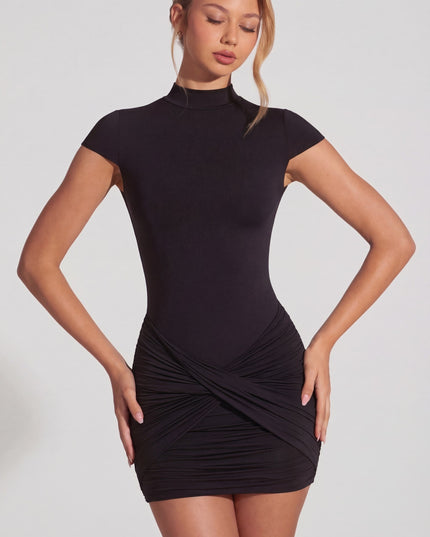 Black Jersey Turtleneck Ruched Backless Mini Dress