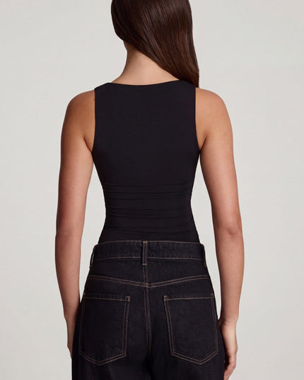 Black Soft Jersey Square-Neck Ruched Top