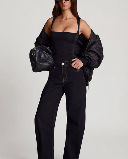 Black Soft Jersey Square-Neck Ruched Top