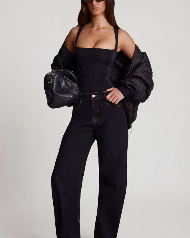 Black Soft Jersey Square-Neck Ruched Top