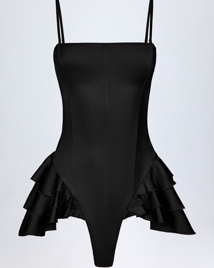 Black Ruffled Lace-Up Corset Playsuit