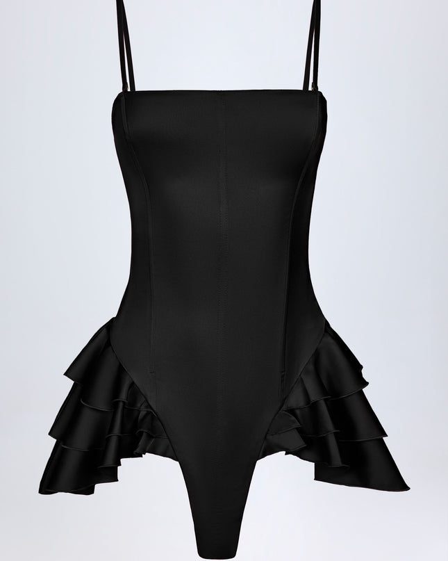 Black Ruffled Lace-Up Corset Playsuit