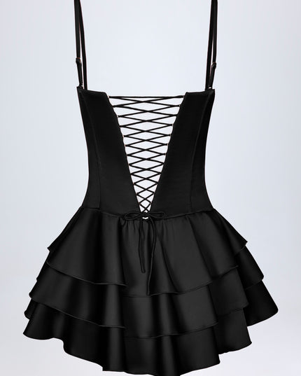 Black Ruffled Lace-Up Corset Playsuit