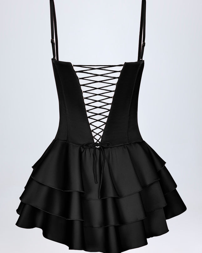 Black Ruffled Lace-Up Corset Playsuit