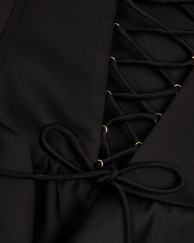 Black Ruffled Lace-Up Corset Playsuit