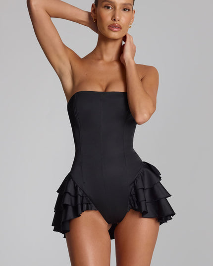 Black Ruffled Lace-Up Corset Playsuit