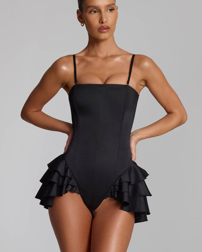 Black Ruffled Lace-Up Corset Playsuit
