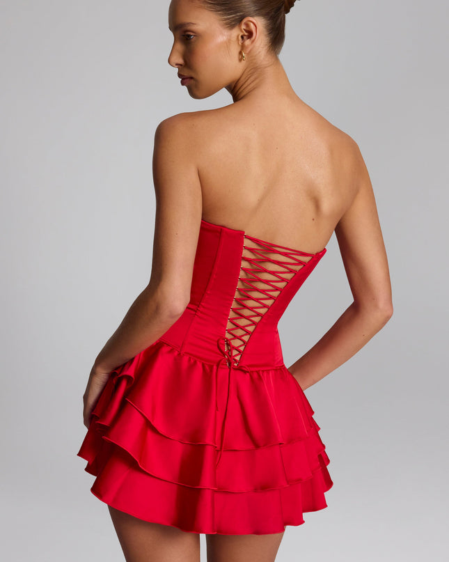 Fire Red Ruffled Lace-Up Corset Playsuit