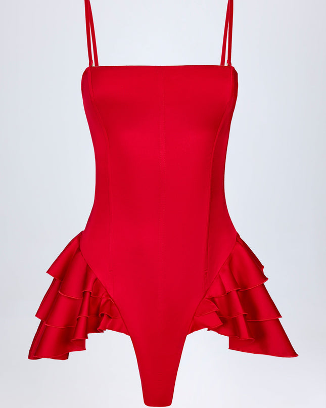 Fire Red Ruffled Lace-Up Corset Playsuit