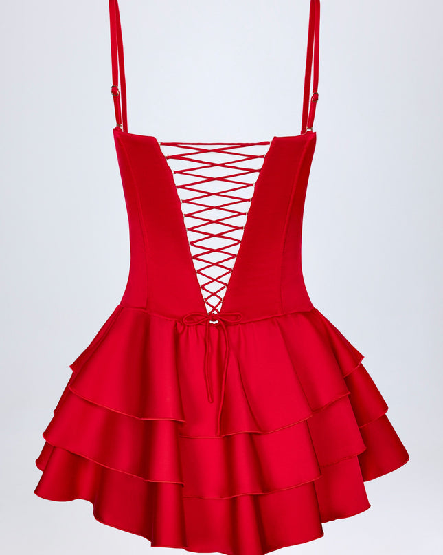 Fire Red Ruffled Lace-Up Corset Playsuit