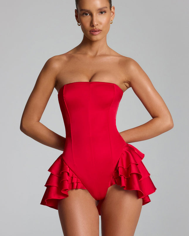 Fire Red Ruffled Lace-Up Corset Playsuit