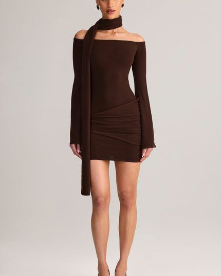 Chocolate Brown Knit Scarf-Detail Off-Shoulder Mini Dress
