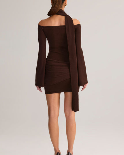 Chocolate Brown Knit Scarf-Detail Off-Shoulder Mini Dress