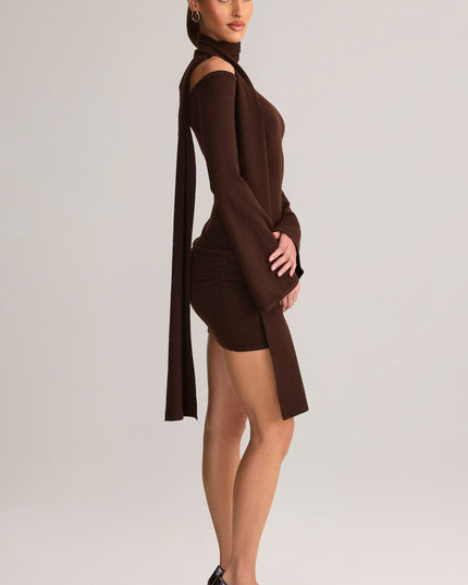 Chocolate Brown Knit Scarf-Detail Off-Shoulder Mini Dress