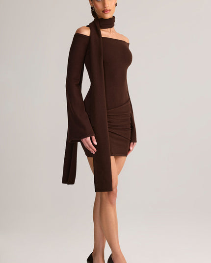 Chocolate Brown Knit Scarf-Detail Off-Shoulder Mini Dress