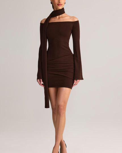 Chocolate Brown Knit Scarf-Detail Off-Shoulder Mini Dress