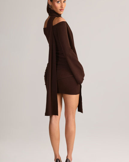 Chocolate Brown Knit Scarf-Detail Off-Shoulder Mini Dress