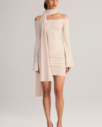 Cream Knit Scarf-Detail Off-Shoulder Mini Dress