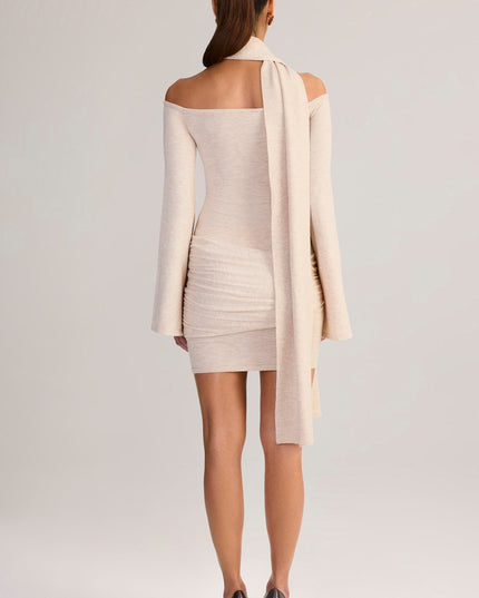 Cream Knit Scarf-Detail Off-Shoulder Mini Dress