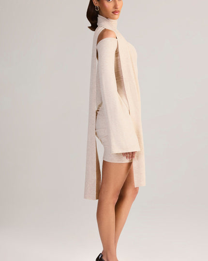 Cream Knit Scarf-Detail Off-Shoulder Mini Dress