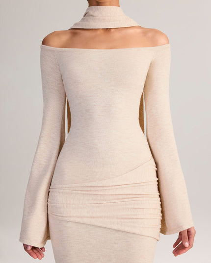 Cream Knit Scarf-Detail Off-Shoulder Mini Dress